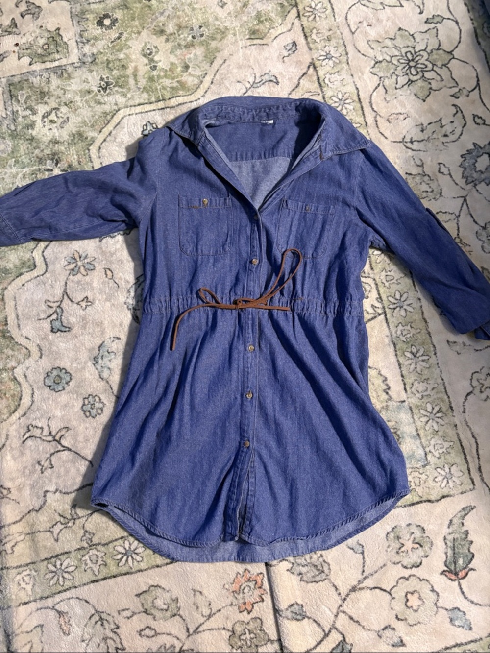 Blue Button-Front Shirt Dress/Tunic with Brown Tie Belt